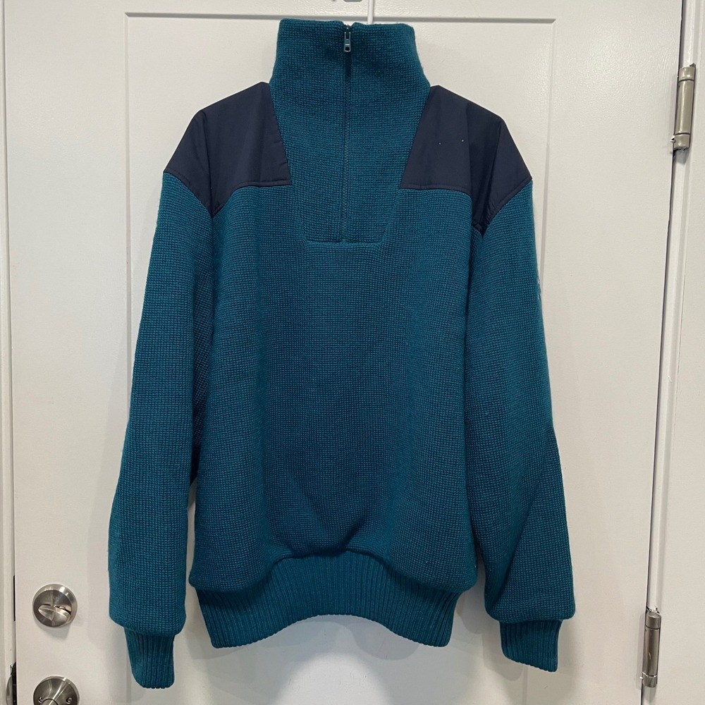 Helly Hansen Vintage Mens XL Wool Quarter Zip Sweater Teal Blue Nylon Yoke 1286